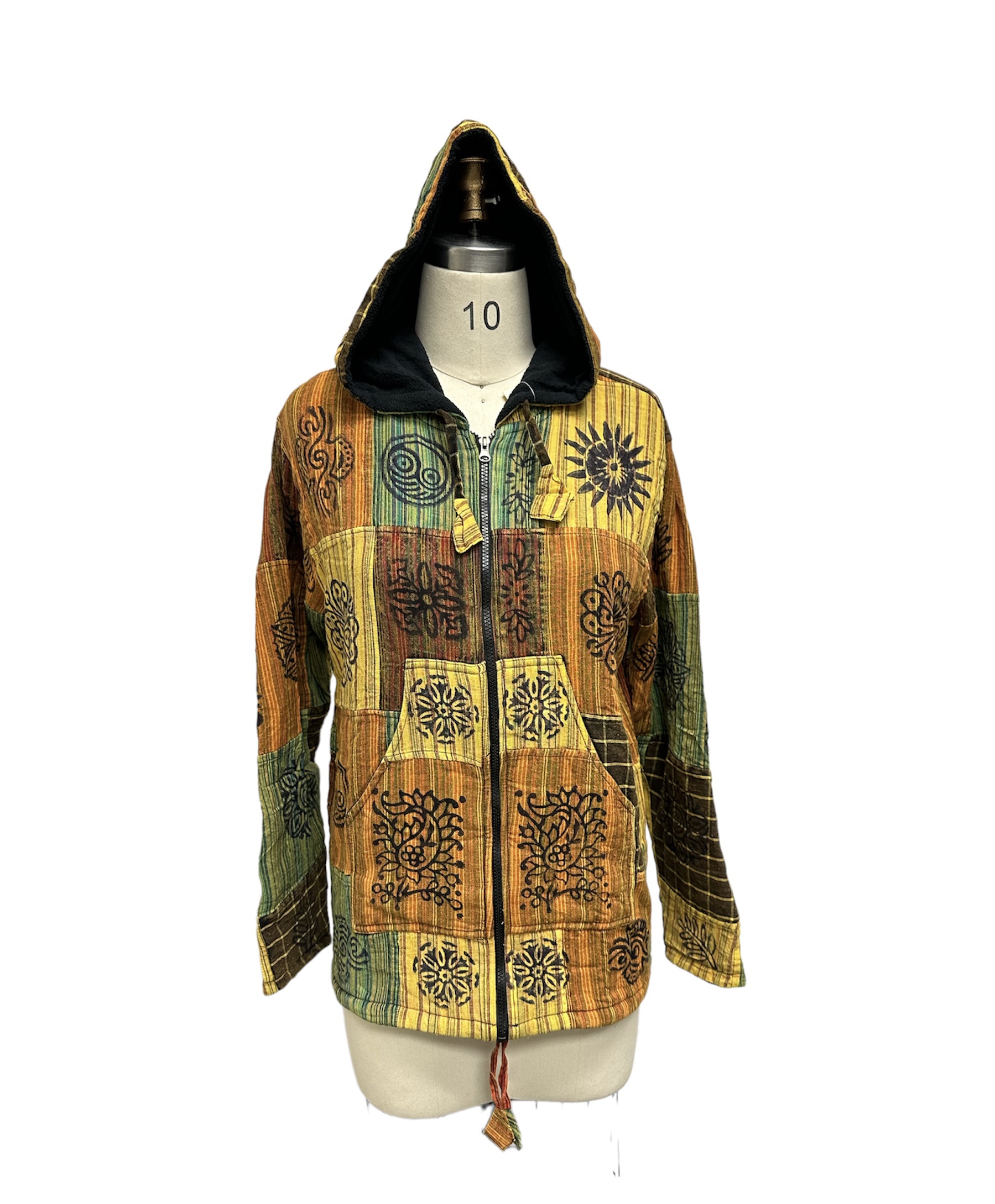Cotton Patchwork  Block Print Dark GOLD Fleece Lining  Hooded Jacket D296