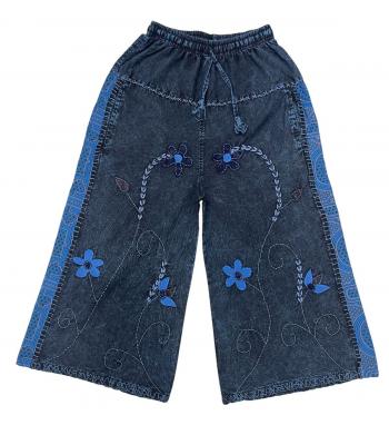 Cotton Artwork Flower Embroidery Wide Leg Cali Pant D1477 