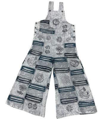 Cotton Grey Multi Razor Patchwork Block Print Festival Jumpsuit Overall D1484 