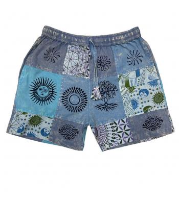 Cotton Blue Multi Patchwork Block Print Sky Short  D1551