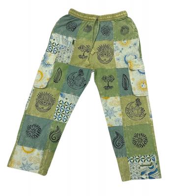 Cotton Multi Green Patchwork Block Print Arizona Pants  D1553 