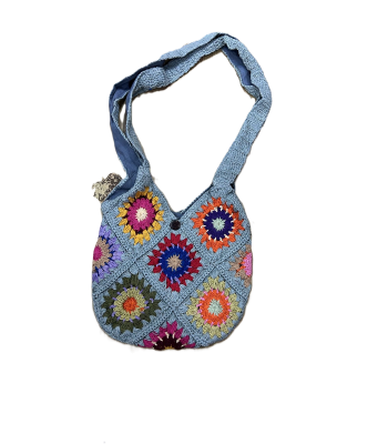 Cotton Crochet Square Pattern Blue Tote  Bag  DT25814B