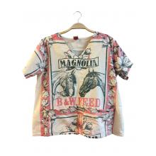 Cotton Vintage Feed Sack Horse Half Sleeve Floral V Neck Top KTF26226