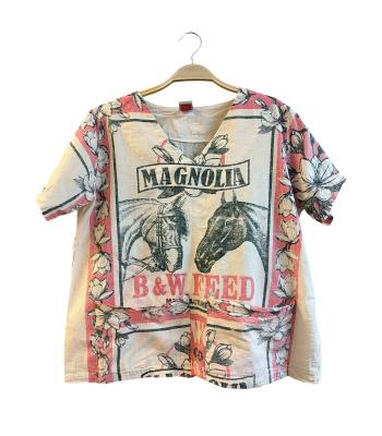  Cotton Vintage Feed Sack Horse Half Sleeve Floral V Neck Top KTF26226
