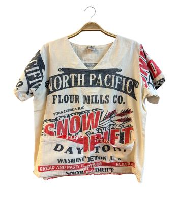 Cotton Vintage Feed Sack Flour Mills Half Sleeve V Neck Top  KTF26228