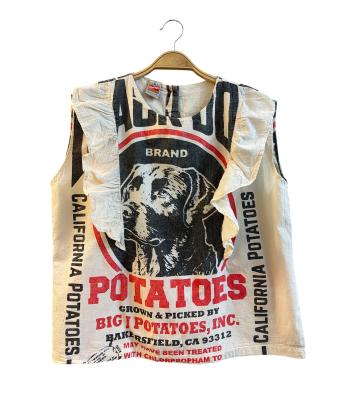Cotton Vintage Feed Sack Dog  Ruffle Slv Less Top KTF26221