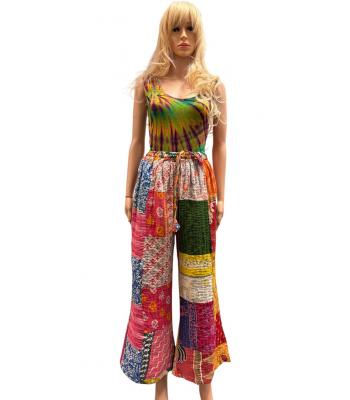 Cotton Multi Color Patchwork Quilted Kantha Wide Leg Pant R26073