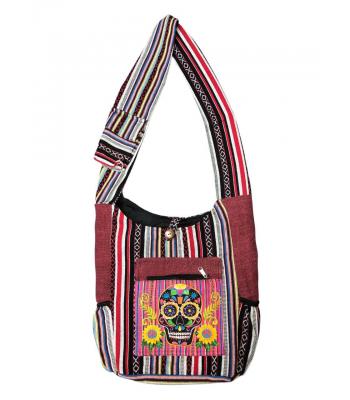 Cotton Hemp Red Multi Golden Flower Skull Bag RIB25903