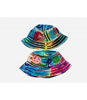 Cotton Blue Multi Razor Cut Sun Moon Tree Peace Bucket Sun Hat RIB25904