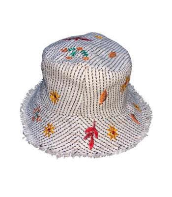 Cotton Black and White Florals Embroidery Bucket Sun Hat RIB25922 