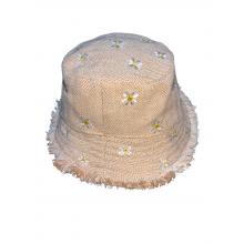 Cotton White Gold Florals Embroidery Fringe Bucket Sun Hat RIB25923