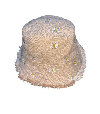 Cotton White Gold Florals Embroidery Fringe Bucket Sun Hat RIB25923