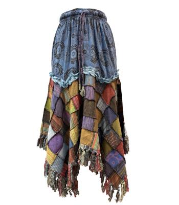 Cotton Multi Color Patchwork Thread Artwork Fringe Boho Skirt ST1136 
