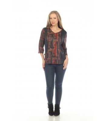 Women's  3/4 slv burnout button decorated pocket v neck top KCT24711