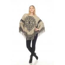 Women's Round Neck Sleeve Black Aztec Fringe Poncho KF23427