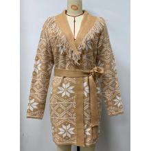 Women's   Snowflake  V neck Fringe  rope  open front  sweater cardigan KF24919