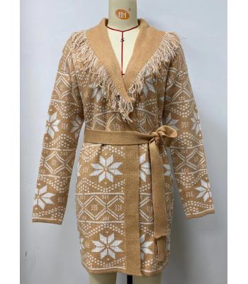 Women's   Snowflake  V neck Fringe  rope  open front  sweater cardigan KF24919