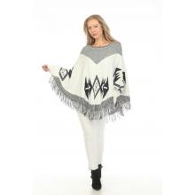Women's Grey  boarder Blacka nd white  atzec slv fringe poncho KF24932