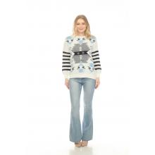 Women's  White and Blue Atzec  Black strip Round neck  Sweater Top KM24894