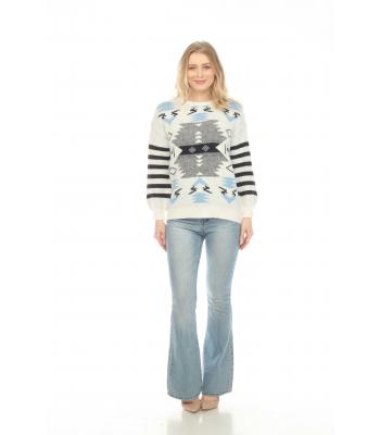 Women's  White and Blue Atzec  Black strip Round neck  Sweater Top KM24894