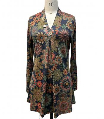 Women's Multy Floral   Button Decorated  V neck  Tunic KX23398