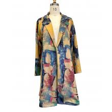 Women's Suede Gold and Green Artwork  Long Open Front Cardigan KX24757