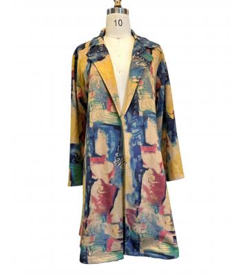 Women's Suede Gold and Green Artwork Long Open Front Cardigan KX24757