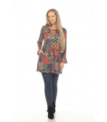 Women's multi print festival  round neck tunic dress KX24758