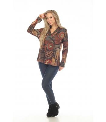 Women's  Brown  burnout artwork V neck  Tunic Top KX24761