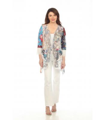 Women's  Multi Patchwork Net Drape  3/4 Slv Open Front  Cardigan  KS24105
