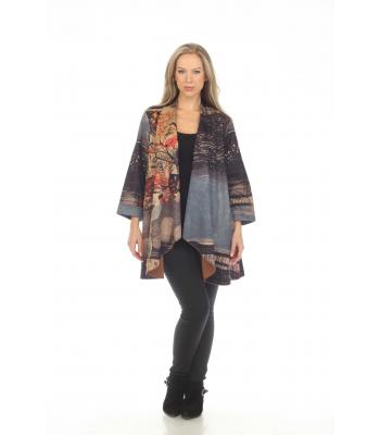 Women's 3/4 Slve  Suede  Blended  Flower Print Asymmetrical Long  open front Jacket (RK23354)