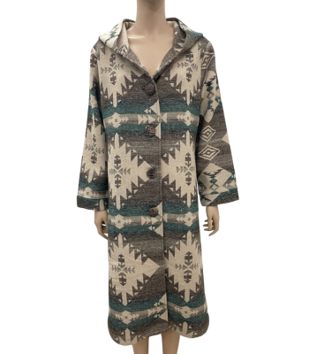 Women 4  button gray Western Aztec Hooded Long Jacket	KBS25500