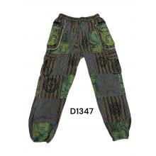 Cotton Grey Multi Patchwork Block Print Green Forest Tribal Pant D1347