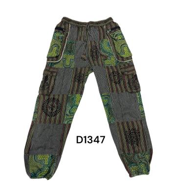 Cotton Grey Multi Patchwork Block Print Green Forest Tribal Pant D1347 