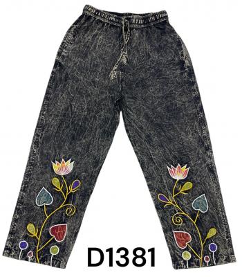 Cotton Black Rock Rose Flowers Embroidery Pant D1381 