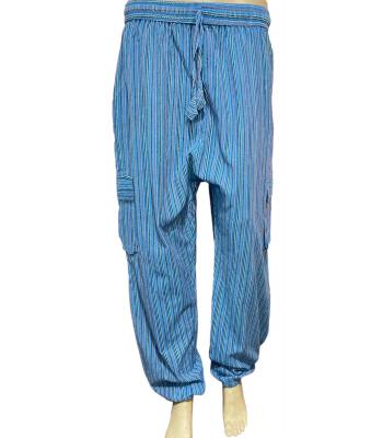 Cotton Box Pocket Drawstring Blue Stripe Yoga  Pant D439 