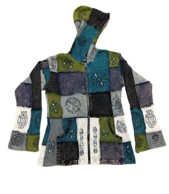 Cotton Grey Multi Patchwork Hand Paint Zip Hooded Himalaya Jacket D987