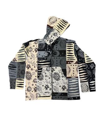 Cotton Black and White Razor Cut Patchwork Sun moon Zip Hooded Jacket DT161