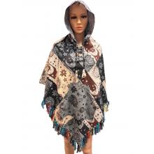 Cotton Multi Print Block Artwork Hooded Fringe Poncho DT25802