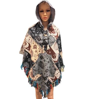 Cotton Multi Print Block Artwork Hooded Fringe Poncho DT25802