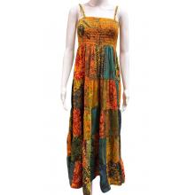 Cotton Multi Color Patchwork Boho Spaghetti Strap Bobbin Smocked Dress HF38