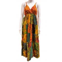 Cotton Multi Color Patchwork Boho Spaghetti Strap V neck Dress HF39