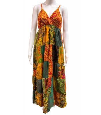 Cotton Multi Color Patchwork Boho Spaghetti Strap V neck Dress HF39