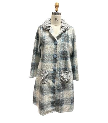Women Grey Multi Plaid Roll Collard Long Coat Jacket KBS25511
