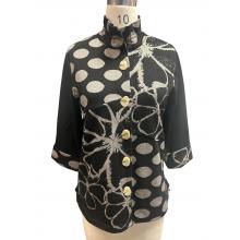 Women Black and White Patch Polka Floral Button Jacket