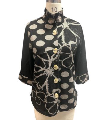 Women Black and White Patch Polka Floral Button Jacket 