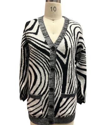 Women Zebra Open Front Button B/W Sweater Cardigan KF25665