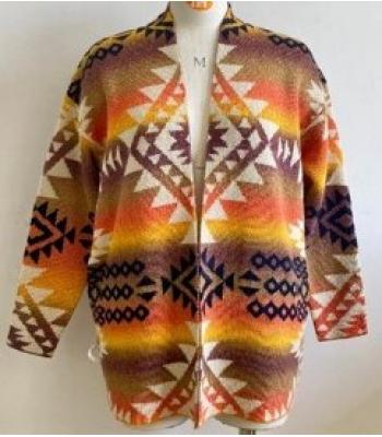Women Multi Gold Maple Boho Vintage Open Front  Cardigan KN25542