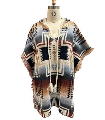 Women Multi Color Wester Aztec Hem Fringe Hooded  Poncho KN25546