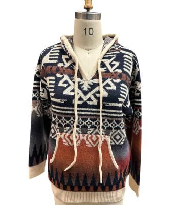 Women Multi Aztec Hooded Sweater Pullover KN25547